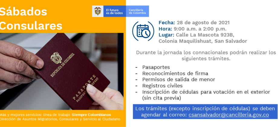 El Consulado de Colombia en San Salvador invita a la jornada de Sábado Consular que se realizará el 28 de agosto de 2021